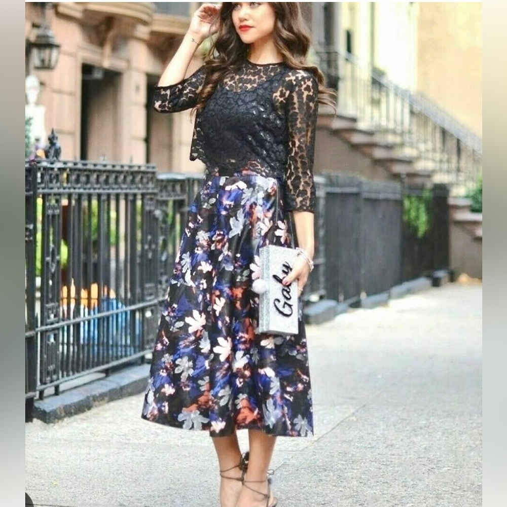 ZARA Floral Printed Faux Leather Effect A-Line High Waist Midi Skirt